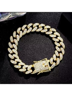 18K Plated Bracelet 10mm. x 8in. CZ Diamond Men's Vintage Retro Fashion Gift